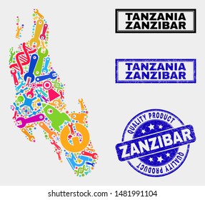 Vector collage of technology Zanzibar Island map and blue seal for quality product. Zanzibar Island map collage created with equipment, spanners, industry symbols.