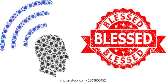 Vector collage telepathy waves of flu virus, and Blessed scratched ribbon stamp seal. Virus items inside telepathy waves composition. Red stamp seal has Blessed title inside ribbon.
