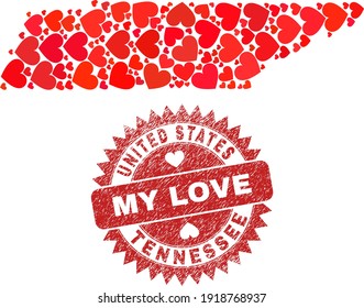 Vector collage Tennessee State map of love heart elements and grunge My Love seal stamp. Collage geographic Tennessee State map created using lovely hearts.