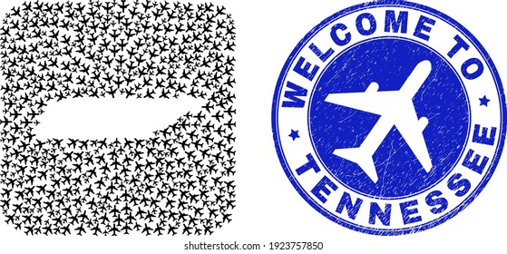 Vector collage Tennessee State map of air plane elements and grunge Welcome badge. Collage geographic Tennessee State map created as subtraction from rounded square shape with air tourism.