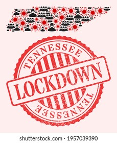 Vector collage Tennessee State map of covid-2019 virus, masked men and red grunge lockdown seal stamp. Virus cells and people in masks inside Tennessee State map.