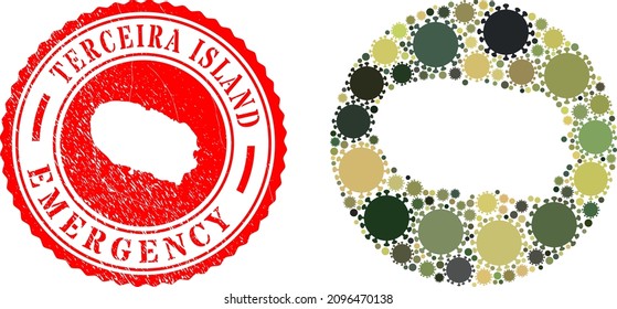 Collage vectorial Terceira Island mapa de íconos del virus de la gripe y sello de EMERGENCIA grunge.