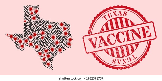 Vector collage Texas State map of flu virus, vaccination icons, and red grunge vaccination seal. Virus items and dose items inside Texas State map.