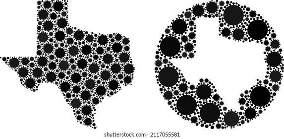 Vector Collage Texas State Map Of Covid Virus Icons. Mosaic Geographic Texas State Map Constructed As Carved Shape From Circle With Covid Virus Icons In Black Colors. Template For Epidemic Purposes.