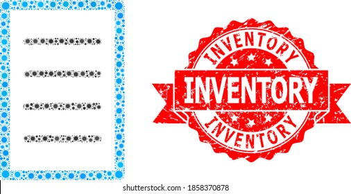 Vector collage text page of covid-2019 virus, and Inventory corroded ribbon seal imitation. Virus items inside text page collage. Red seal includes Inventory tag inside ribbon.