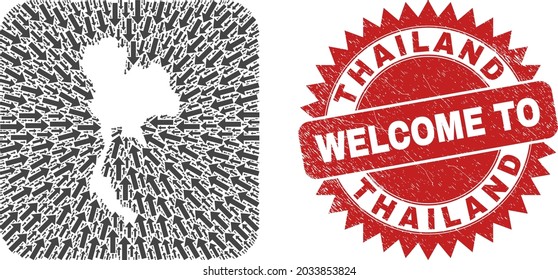 Vector collage Thailand map of delivery arrows and rubber Welcome stamp. Mosaic geographic Thailand map constructed as carved shape from rounded square with navigation arrows.