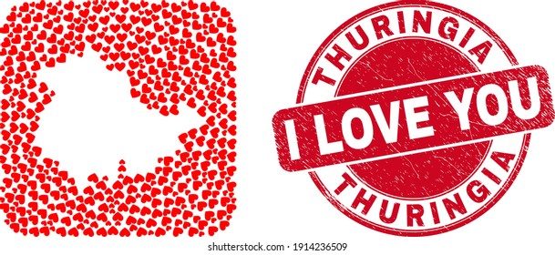 Vector collage Thuringia Land map of lovely heart elements and grunge love seal. Collage geographic Thuringia Land map designed as carved shape from rounded square using lovely hearts.
