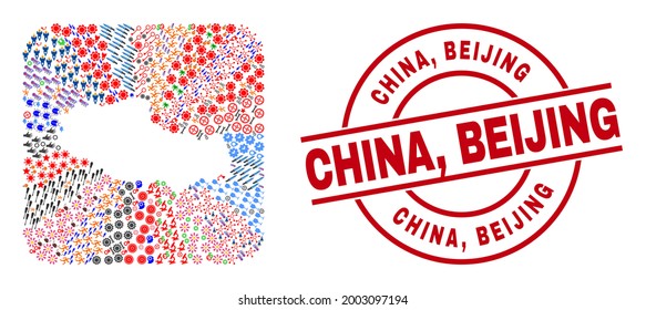 Vector collage Tibet map of different icons and China, Beijing badge. Mosaic Tibet map constructed as subtraction from rounded square shape. Red round stamp with China, Beijing text.