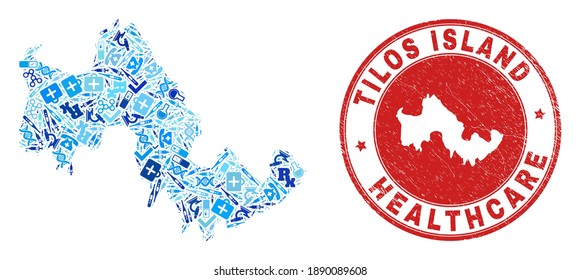 Vector collage Tilos Island map of injection icons, analysis symbols, and grunge health care rubber imitation. Red round watermark with grunge rubber texture and Tilos Island map text and map.