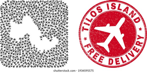 Vector collage Tilos Island map of air force elements and grunge Free Delivery stamp.