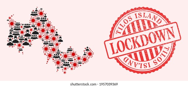 Vector collage Tilos Island map of SARS virus, masked people and red grunge lockdown seal. Virus cells and people in masks inside Tilos Island map.
