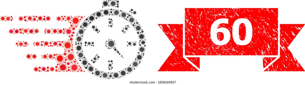 Vector collage timer of flu virus, and 60 textured ribbon stamp. Virus cells inside timer collage. Red stamp includes 60 text inside ribbon.