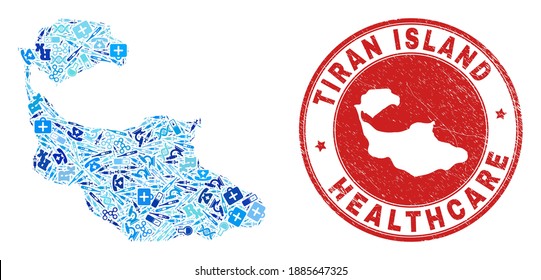 Vector collage Tiran Island map with medical icons, receipt symbols, and grunge healthcare rubber imitation. Red round imprint with grunge rubber texture and Tiran Island map caption and map.