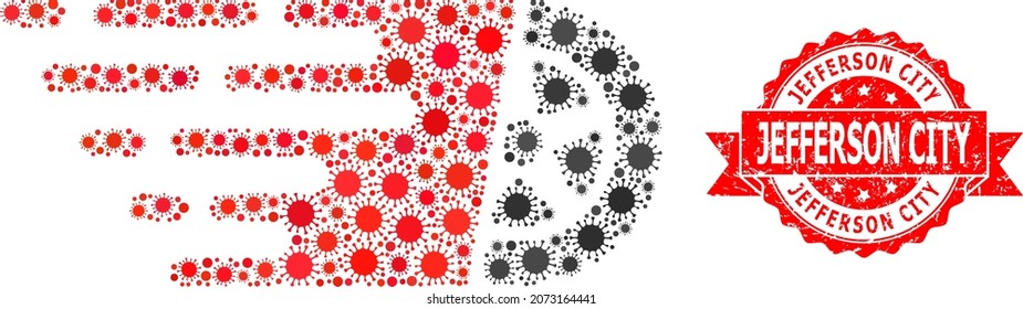 Vector collage tire wheel of covid-2019 virus, and Jefferson City scratched ribbon seal imitation. Virus particles inside tire wheel collage.