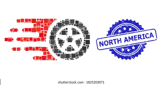 Vector collage tire wheel, and North America corroded rosette seal. Blue stamp seal includes North America caption inside rosette. Square spots are united into abstract collage tire wheel icon.
