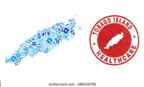 Vector collage Tobago Island map of inoculation icons, chemical symbols, and grunge health care rubber imitation. Red round watermark with unclean rubber texture and Tobago Island map caption and map.