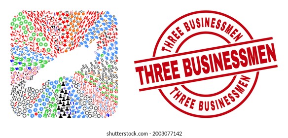 Vector collage Tobago Island map of different pictograms and Three Businessmen stamp. Collage Tobago Island map created as carved shape from rounded square shape.