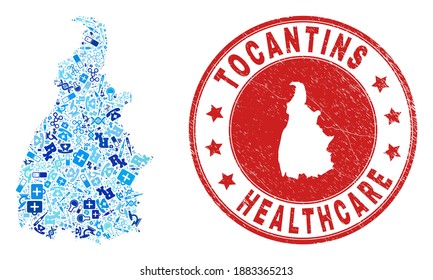 Vector collage Tocantins State map with healthcare icons, receipt symbols, and grunge healthcare imprint. Red round imprint with distress rubber texture and Tocantins State map word and map.