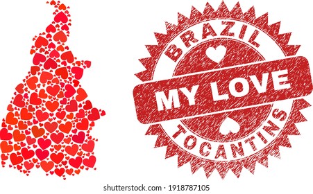 Vector collage Tocantins State map of valentine heart elements and grunge My Love stamp. Mosaic geographic Tocantins State map created using love hearts.