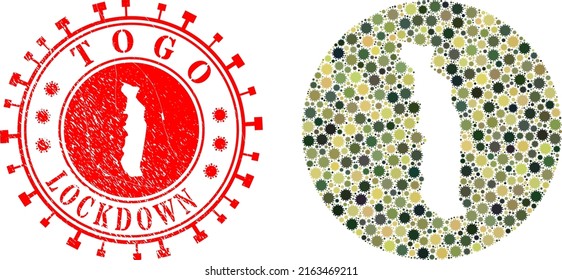 Vector collage Togo map of covid virus icons and grunge LOCKDOWN seal. Mosaic geographic Togo map created as carved shape from circle with covid virus icons in camo military colors.