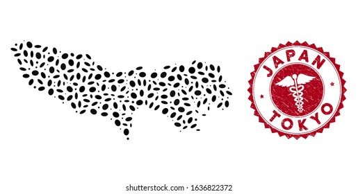 Vector collage Tokyo Prefecture map and red round grunge stamp seal with clinic symbol. Tokyo Prefecture map collage constructed with elliptic items. Red round clinic seal, with unclean texture.