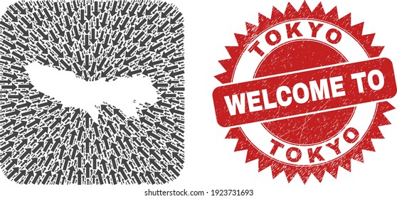Vector collage Tokyo Prefecture map of straight arrows and rubber Welcome seal stamp. Collage geographic Tokyo Prefecture map designed as hole from rounded square using pointer arrows.