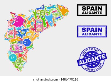 Vector collage of tools Alicante Province map and blue watermark for quality product. Alicante Province map collage made with tools, wrenches, science icons.