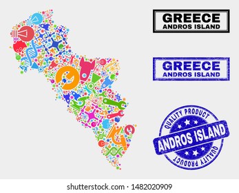 Vector collage of tools Andros Island of Greece map and blue stamp for quality product. Andros Island of Greece map collage constructed with tools, spanners, production symbols.