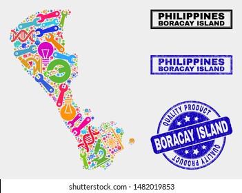Vector collage of tools Boracay Island map and blue watermark for quality product. Boracay Island map collage created with tools, spanners, production icons.