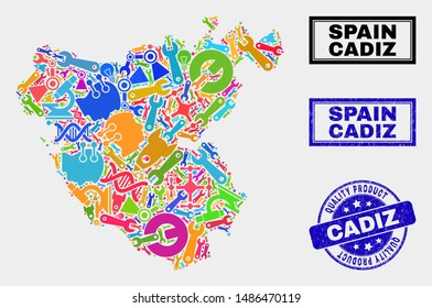Vector collage of tools Cadiz Province map and blue seal for quality product. Cadiz Province map collage made with tools, spanners, industry symbols.