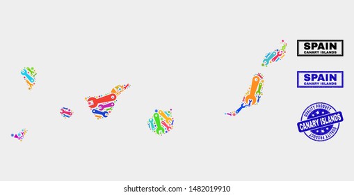Vector collage of tools Canary Islands map and blue stamp for quality product. Canary Islands map collage formed with tools, wrenches, science symbols.