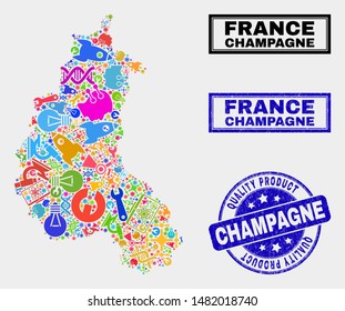 Vector collage of tools Champagne Province map and blue seal stamp for quality product. Champagne Province map collage constructed with tools, spanners, science icons.