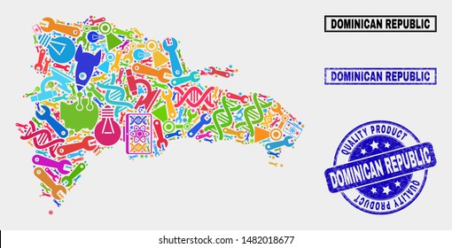 Vector collage of tools Dominican Republic map and blue seal for quality product. Dominican Republic map collage composed with tools, spanners, science icons.