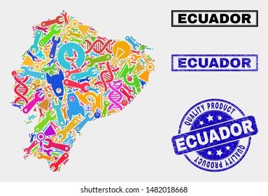 Vector collage of tools Ecuador map and blue watermark for quality product. Ecuador map collage made with tools, spanners, production icons.