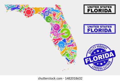 Vector collage of tools Florida State map and blue seal stamp for quality product. Florida State map collage made with tools, spanners, industry icons.