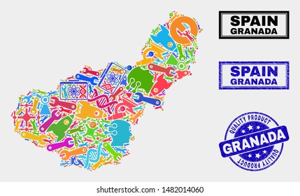 Vector collage of tools Granada Province map and blue watermark for quality product. Granada Province map collage formed with tools, wrenches, industry symbols.