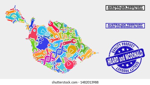 Vector collage of tools Heard and McDonald Islands map and blue watermark for quality product. Heard and McDonald Islands map collage made with tools, wrenches, science symbols.