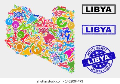 Vector collage of tools Libya map and blue seal for quality product. Libya map collage created with tools, spanners, production icons. Vector abstract collage of Libya map for service business,