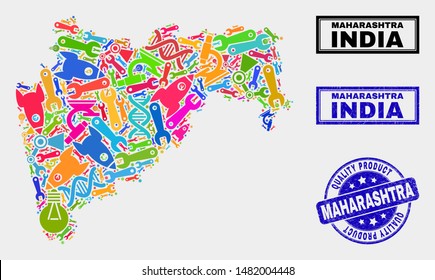 Vector collage of tools Maharashtra State map and blue seal for quality product. Maharashtra State map collage created with tools, wrenches, production icons.