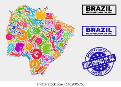 Vector collage of tools Mato Grosso do Sul State map and blue watermark for quality product. Mato Grosso do Sul State map collage designed with tools, wrenches, science symbols.