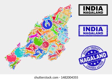 Vector collage of tools Nagaland State map and blue seal for quality product. Nagaland State map collage composed with tools, spanners, science symbols.