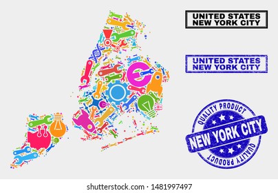 Vector collage of tools New York City map and blue seal for quality product. New York City map collage designed with tools, spanners, science symbols.