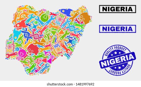 Vector collage of tools Nigeria map and blue seal for quality product. Nigeria map collage made with tools, spanners, industry icons. Vector abstract collage of Nigeria map for service business,