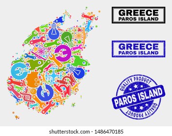Vector collage of tools Paros Island map and blue seal stamp for quality product. Paros Island map collage formed with tools, wrenches, industry symbols.