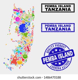 Vector collage of tools Pemba island map and blue watermark for quality product. Pemba island map collage made with equipment, spanners, production icons.