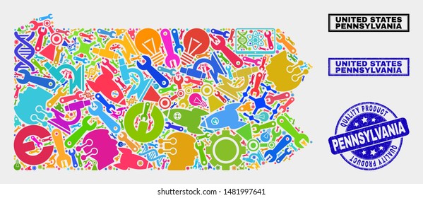 Vector collage of tools Pennsylvania State map and blue seal for quality product. Pennsylvania State map collage made with tools, wrenches, science symbols.
