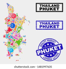 Vector collage of tools Phuket map and blue seal for quality product. Phuket map collage composed with tools, spanners, science symbols. Vector abstract collage of Phuket map for service business,