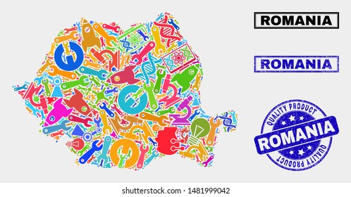 Vector collage of tools Romania map and blue seal for quality product. Romania map collage created with tools, spanners, industry icons. Vector abstract collage of Romania map for service business,
