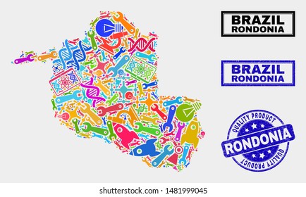 Vector collage of tools Rondonia State map and blue seal for quality product. Rondonia State map collage created with tools, wrenches, industry icons.