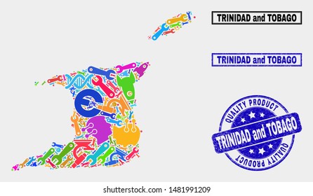 Vector collage of tools Trinidad and Tobago map and blue stamp for quality product. Trinidad and Tobago map collage composed with tools, wrenches, industry symbols.